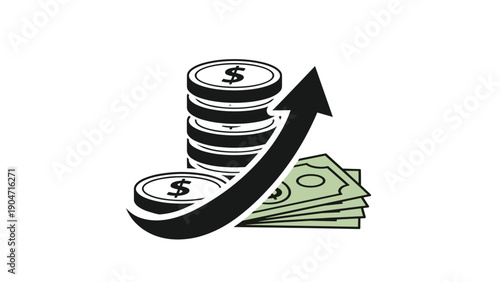 Business finance growth and success concept with stacks of coins, banknotes and upward pointing arrow on white background.