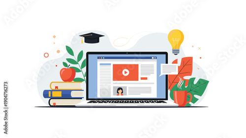 Online education and distance learning concept with laptop, educational video, books, lightbulb for idea and graduation cap.