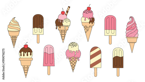 Collection of assorted colorful ice cream bars on sticks and various cones with different toppings and flavors.