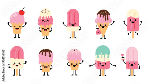 Set of ten cute cartoon ice cream and popsicle characters with happy faces and diverse styles on white background.