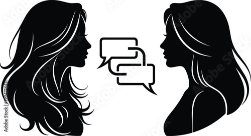 Black and White Silhouette Illustration of Two Beautiful Women Profiles with Long Hair Facing Each Other and Speech Bubbles Representing Communication and Social Interaction