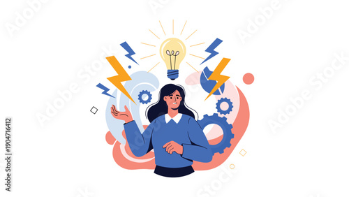 Woman standing in front of a giant light bulb and gears representing inspiration, ideas, and creative problem solving.