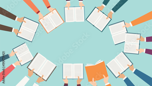 Group of hands from different people holding open books in a circle on a teal background for reading and education themes.