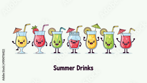 Collection of cute cocktail glass characters with smiling faces, fruit slices, and umbrellas for summer drink promotion.