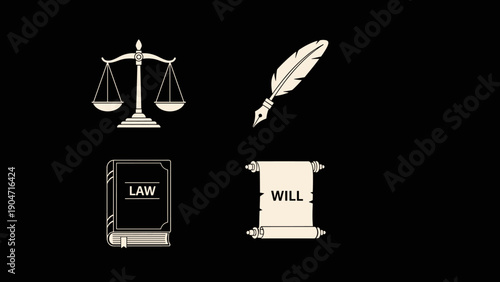 Legal Symbols Scales of Justice Quill Pen Law Book and Will Scroll