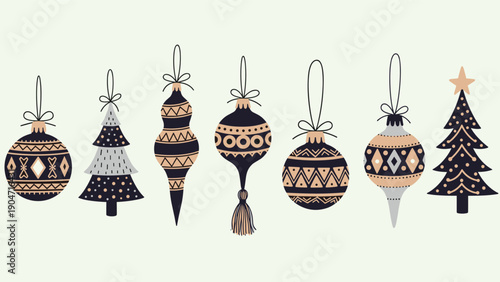 Minimalist Christmas ornaments and trees with geometric patterns in black and beige colors for elegant holiday decor.