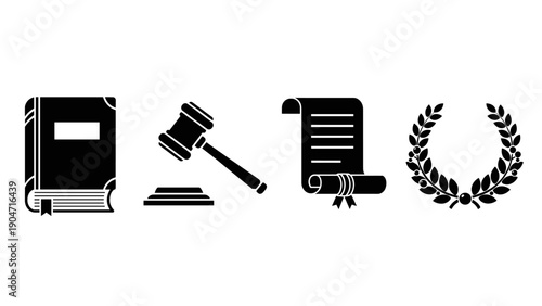 Legal Icons Set Book Gavel Scroll and Laurel Wreath
