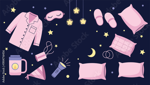 Sleepover and bedtime concept illustration with pink pajamas, pillows, eye mask, slippers, flashlight and stars on dark blue.