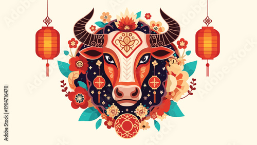 Vibrant ornamental bull head design surrounded by colorful flowers and traditional lanterns for Chinese lunar new year.