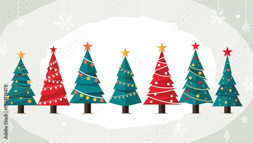 Set of various colorful christmas trees with lights, ornaments and stars standing in a row on snowy light gray background.