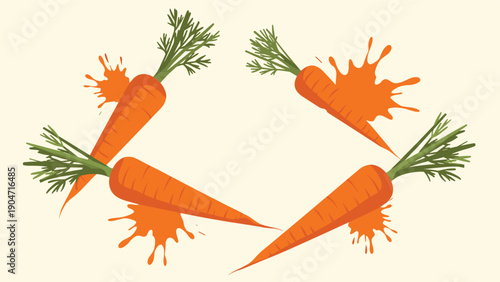 Fresh orange carrots with green tops and vibrant juice splashes or paint splatters arranged on light cream background.