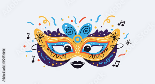 Vibrant Mask with Musical Notes and Swirls.