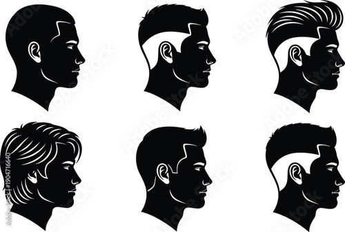 Black and White Silhouette Vector Illustration Set of Male Head Profiles Featuring Trendy Barber Shop Haircuts and Modern Men Hairstyles for Grooming Salon Branding