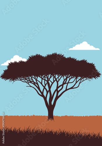 Silhouette of a majestic acacia tree against a vast blue sky, with a hint of savanna landscape below