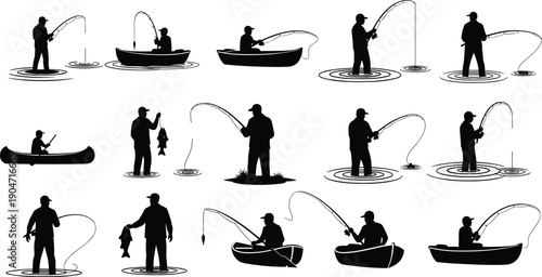Black and White Silhouette Vector Illustration Set of Fishermen in Boats and Wading Featuring Fishing Rods and Fish for Outdoor Sports and Hobby Design