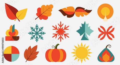 Autumn Leaves and Seasonal Icons Set.
