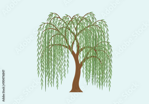 Vibrant green weeping willow tree illustration with graceful drooping branches, symbolizing peace and natural beauty in a serene garden setting