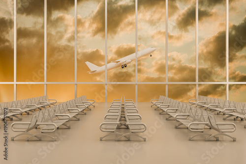 Airport waiting area with airplane taking off