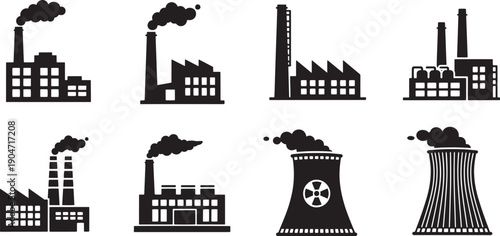 Set of industrial buildings, factories, and power plants with smoking chimneys, symbolizing manufacturing, energy production, and environmental air pollution impact