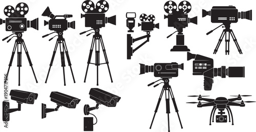 A comprehensive collection of modern video production equipment and essential surveillance technology silhouettes, ideal for graphic design projects