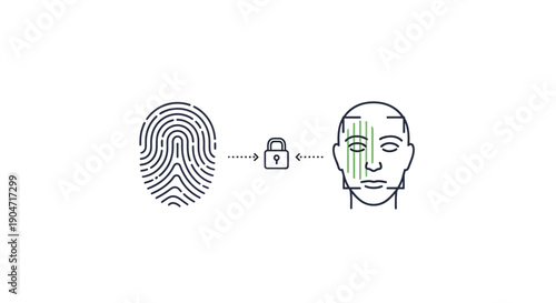 Biometric authentication concept with fingerprint, lock, and facial recognition scan, vector illustration for website, app, or presentation