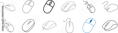 Computer mouse icon set in continuous one-line silhouette style, minimal vector design for tech use