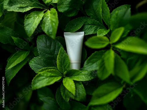 White tube cosmetic cream mockup nestled lush wet green foliage dark moody background natural organic skincare product photography fresh botanical beauty aesthetic