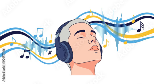 Young Man Wearing Headphones Immersed in Music. Abstract Vector Illustration with Sound Waves and Musical Notes.