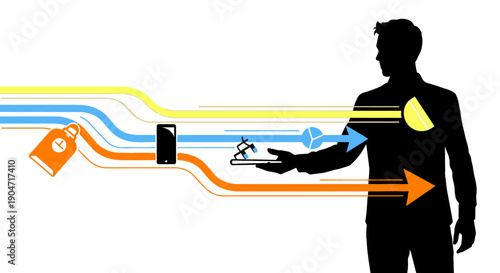 Data Flow and Business Information Integration. Vector illustration of a businessman silhouette receiving streams of digital metrics, mobile data, and analytics.