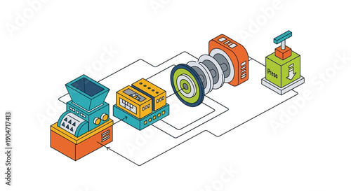 Manufacturing Process Isometric Illustration. Automated Production Line with Machinery and Control Systems.