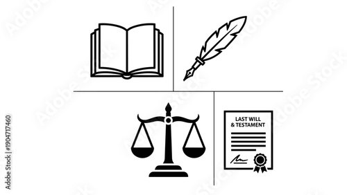 Legal Symbols Book Quill Scales of Justice Will and Testament