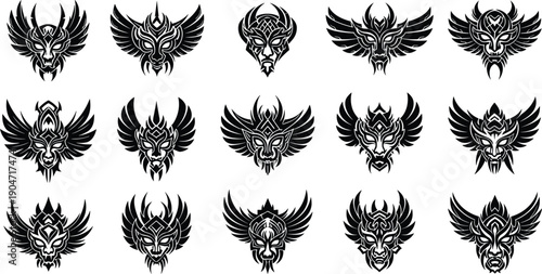Black and White Vector Illustration Set of Tribal Warrior Mask Silhouettes With Wings for Tattoo Design Gaming Avatars and Ethnic Spirit Branding Elements