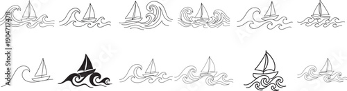 Sailboat in big waves icon set in continuous line style, minimal vector symbols for nautical design