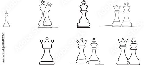 Chess pieces queen and king icon set in continuous line style, minimal vector strategy symbols