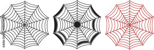Geometric spider web illustration set featuring black and red line art designs isolated on white background for halloween spooky decor and nature graphic design (25 words)