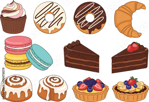 Assorted bakery desserts set with donuts macarons cakes croissant and sweet pastries vector illustration