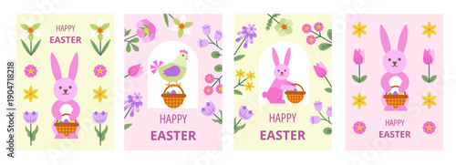 Set of four Easter cards with pink bunnies holding baskets and a hen, surrounded by geometric spring flowers in pastel colors
