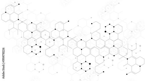 Abstract Hexagonal Network Pattern, Interconnected Honeycomb Structure with Black and Gray Outlined Hexagons, Dots, and Connecting Lines Representing Molecular Structures, Data Systems