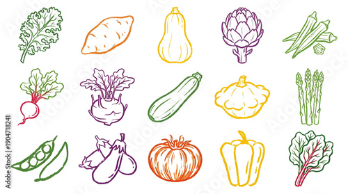 Colored chalk hand drawn fruit and vegetable icon set for organic food design
