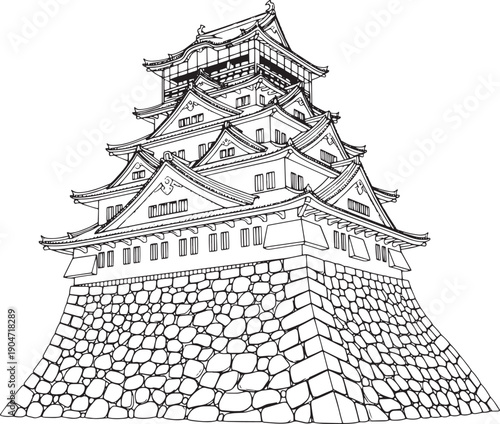Detailed Architectural Illustration of a Japanese Castle, Showcasing Traditional Design and Stone Foundation
