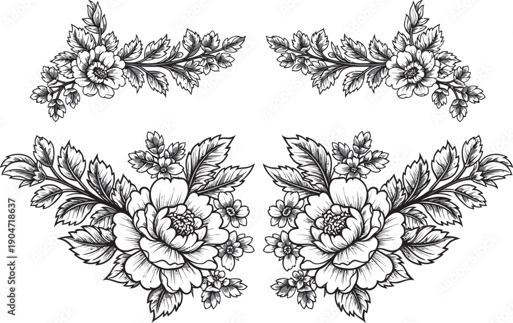 Fototapeta premium Black and white floral illustrations isolated on transparent background