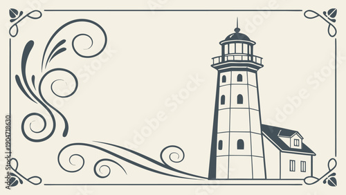 Vintage lighthouse illustration with elegant decorative swirls and ornate frame