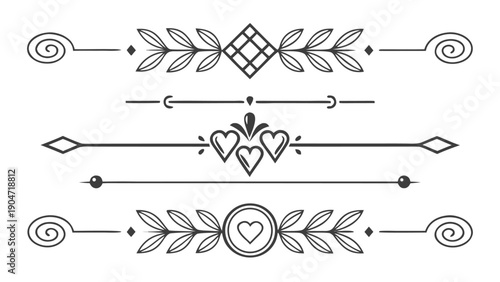 Five decorative horizontal line dividers featuring leafy branches and heart motifs with scrollwork end pieces on a plain white background.
