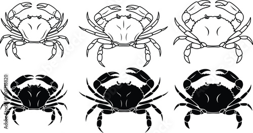 Set of crab illustrations featuring black silhouettes and detailed line art of crustaceans in various styles isolated on white background for seafood restaurant branding (25 words)