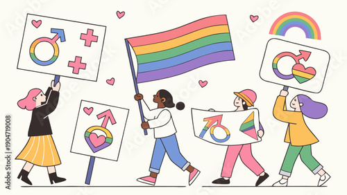 Diverse group of people celebrating lgbtq pride parade with rainbow flags and gender symbols