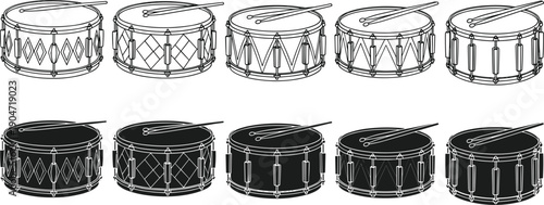 Snare drum collection featuring outline and silhouette vector icons with drumsticks for music education marching band and percussion instrument design isolated on white background (25 words)