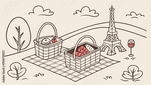 A charming pixel art illustration of a romantic picnic in paris with the eiffel tower.