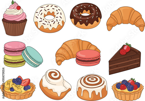 Bakery dessert set with donuts macarons croissants cupcakes cakes and sweet pastries vector illustration