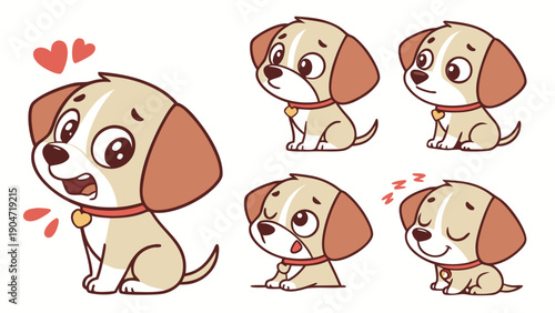 Set of five cartoon puppy character illustrations showing various emotions including love and curiosity and sleepiness on a white background.