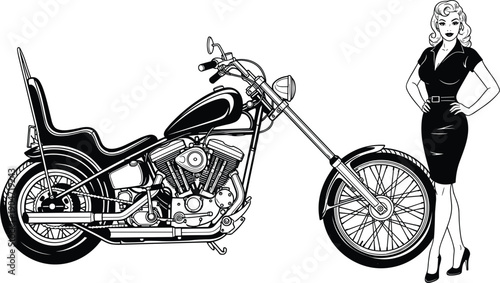 Vintage Custom Chopper Motorcycle Vector Illustration Featuring a Classic Pin Up Girl Silhouette for Biker Club Apparel Design and Garage Workshop Retro Branding Elements